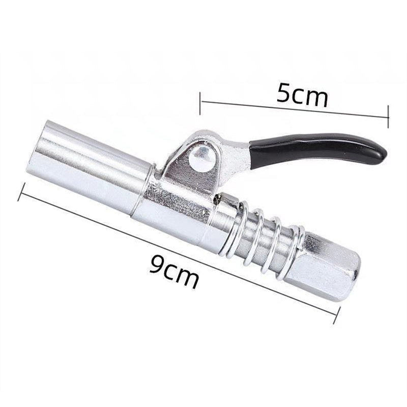 Grease gun coupler i rostfritt stål med dubbelhandtag, ergonomisk design, och läckagesäkra käftar för smidig användning.