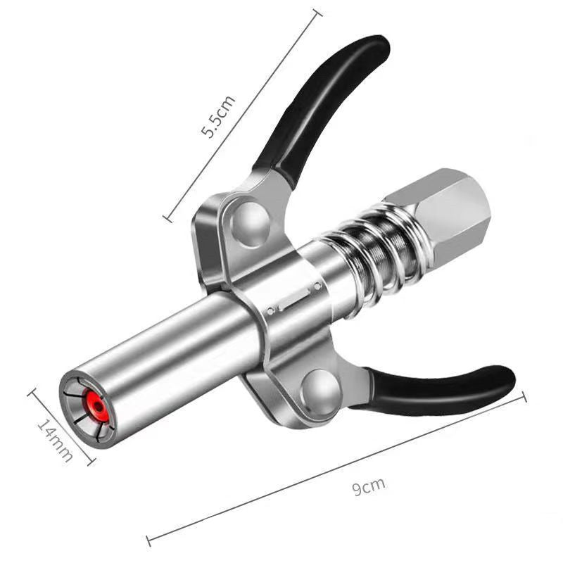 Grease gun coupler i rostfritt stål med dubbelhandtag, ergonomisk design, och läckagesäkra käftar för smidig användning.