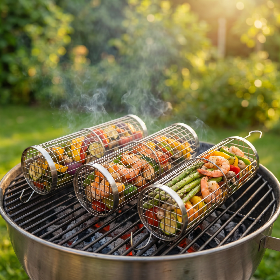 Zvarelo grillkorgar fyllda med räkor och grönsaker på en kolgrill