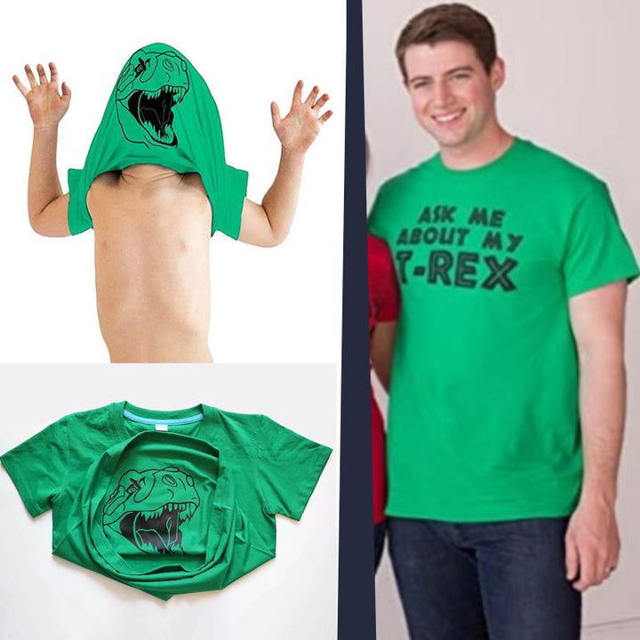 Grön dinosaurie-T-shirt för vuxna och barn med lekfullt T-rex-tryck, idealisk för alla dinosaurieälskare.