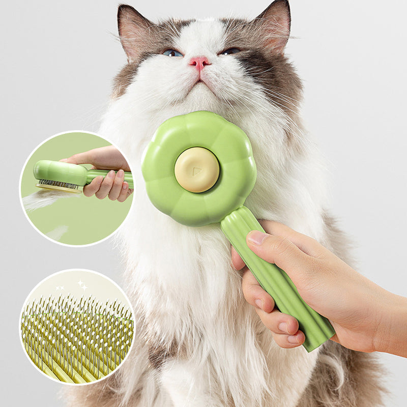 Grön och orange självrengörande husdjurborste för hund och katt med ergonomiskt handtag på vit bakgrund.