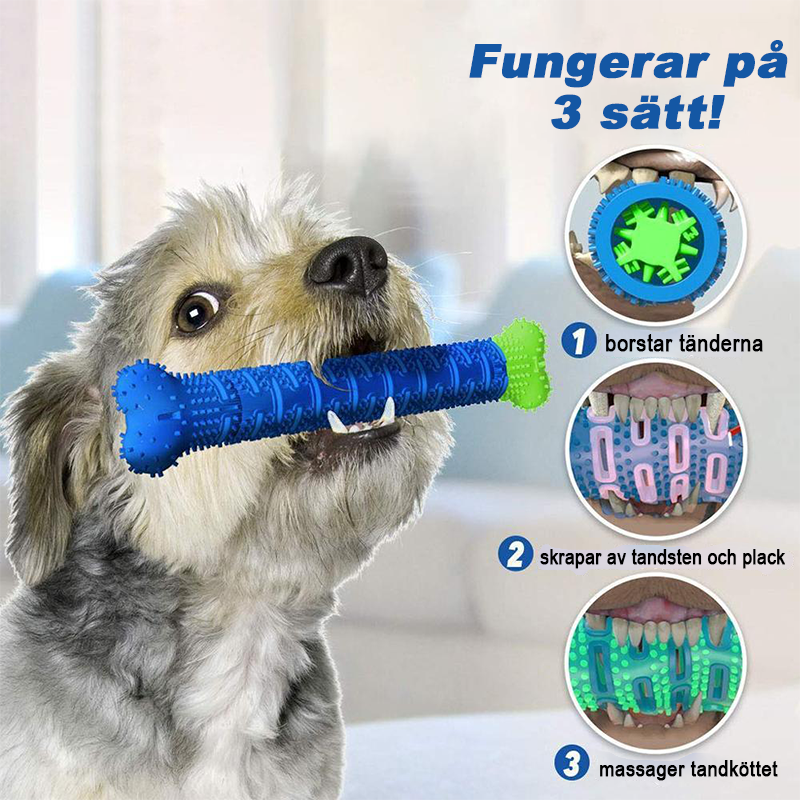 "Grön självrensande tuggborste i gummi för hundar, tandvårdsleksak för bättre munhälsa och lek."