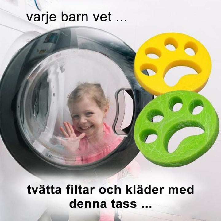 "Grön Tass Djurhårsborttagare för tvättmaskin som tar bort djurhår och damm från kläder effektivt."