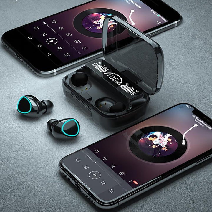 "Grön/svarta Bluetooth trådlösa hörlurar med ergonomisk design, LED-skärm och brusreducering, perfekt för musik och samtal."