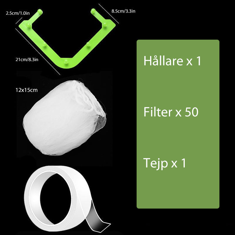 "Grönt triangulärt diskbänkfilter med elastiska nätpåsar, perfekt för kökshörn, effektiv avfallshantering."