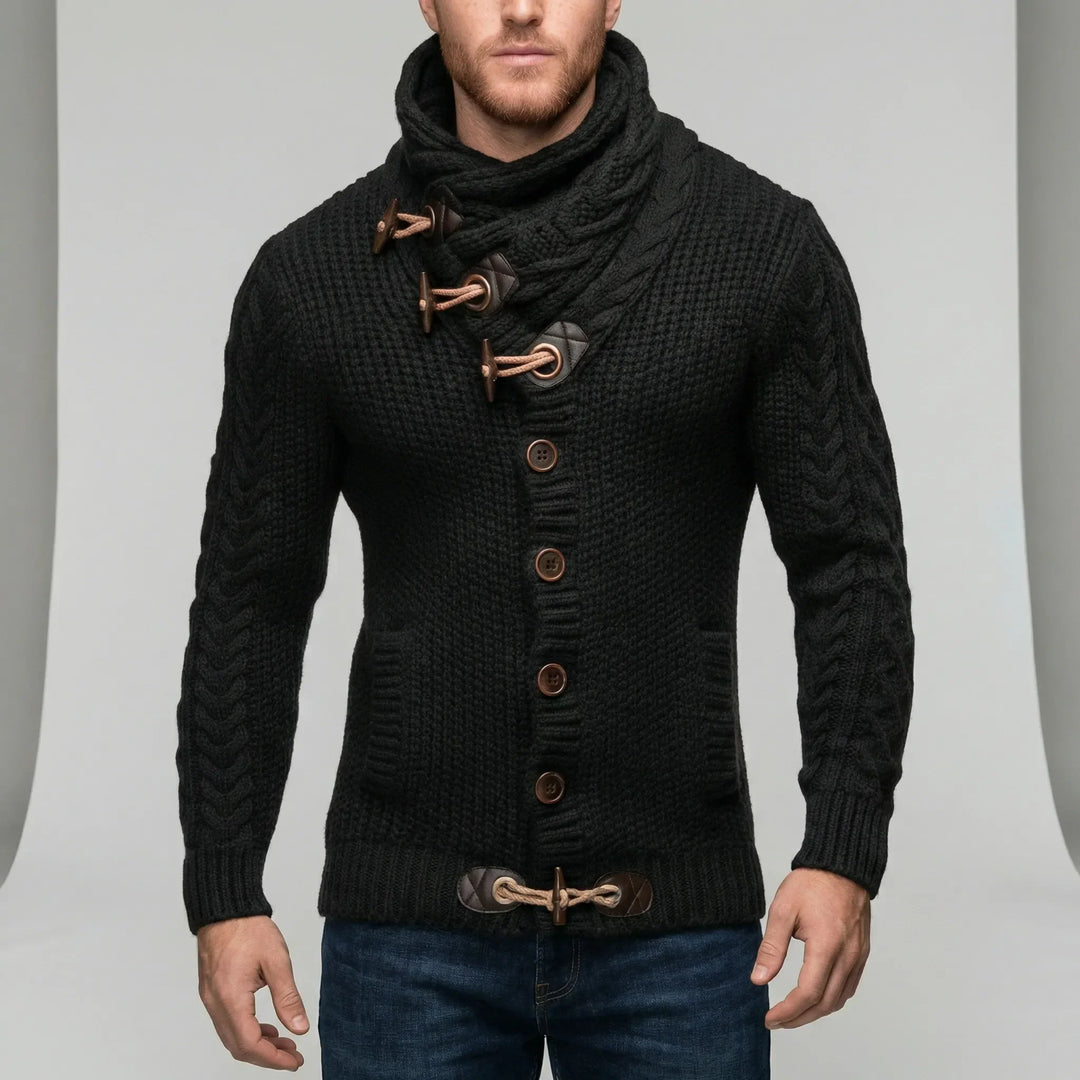 Nicholas grovstickad herr cardigan med retro look. Mysig, varm stickad tröja för vardagsstil, knäppt och bekväm.