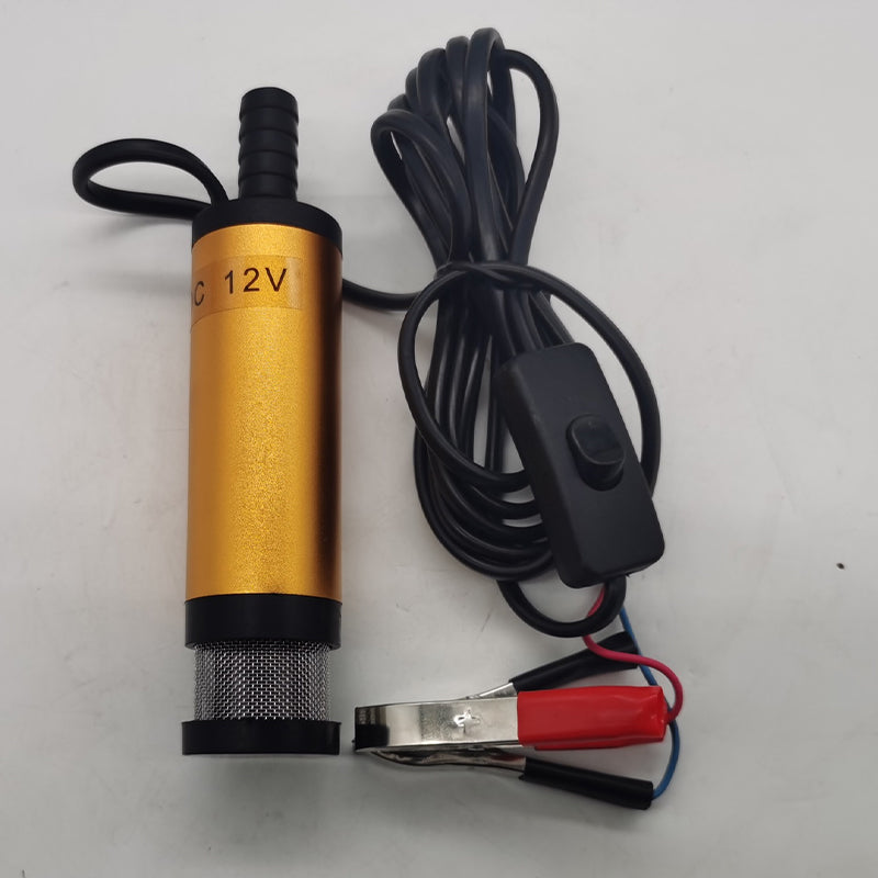 Gul elektrisk mikrobränslepump i aluminiumlegering, robust design med rostfritt stålfilter, idealisk för DC12V/24V system.