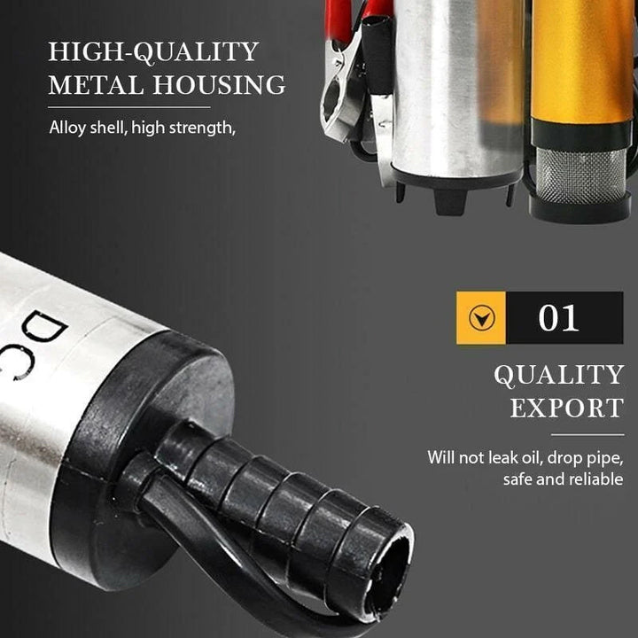 Gul elektrisk mikrobränslepump i aluminiumlegering, robust design med rostfritt stålfilter, idealisk för DC12V/24V system.