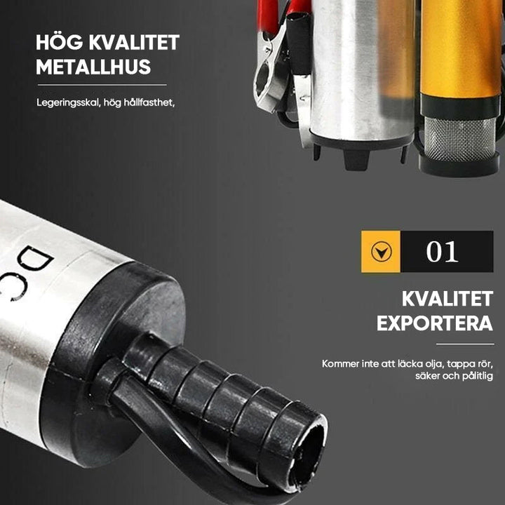 Gul elektrisk mikrobränslepump i aluminiumlegering, robust design med rostfritt stålfilter, idealisk för DC12V/24V system.