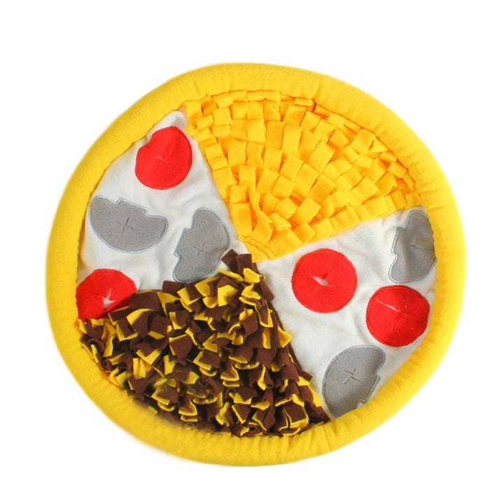 Hundtillbehör: gul pizzamatta. Främjar antistress, nosarbete & slow feeding för mental stimulans.