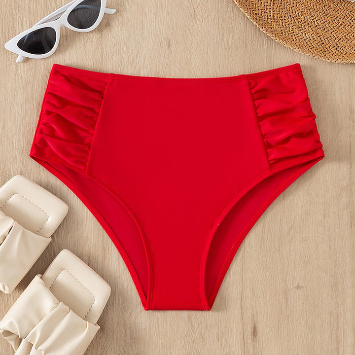 Stilren högmidjad bikiniunderdel för dam med eleganta volanger. Trendiga badkläder för sommar och sol.