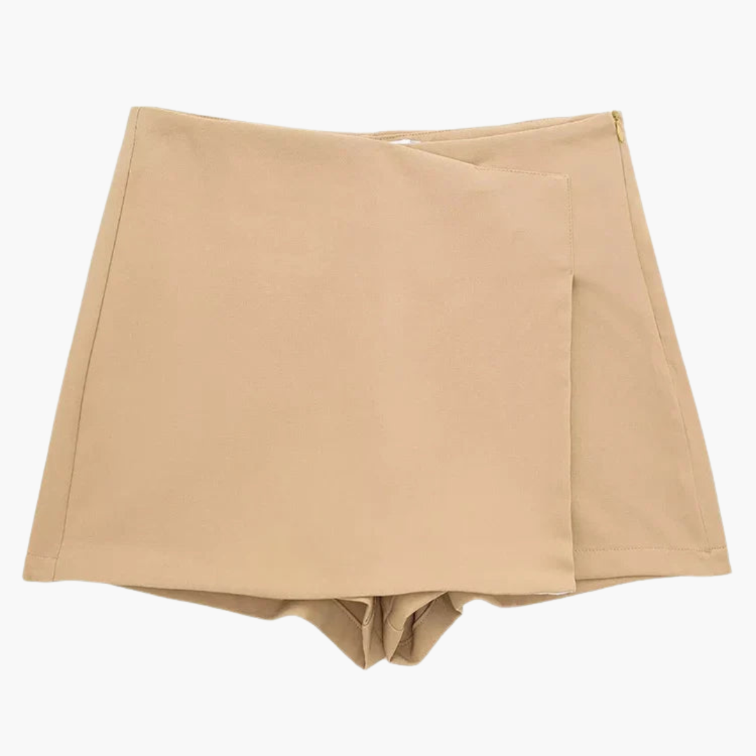 Elegant dam skort i omlottdesign med hög midja och bekväma shorts under, vardagskläder.