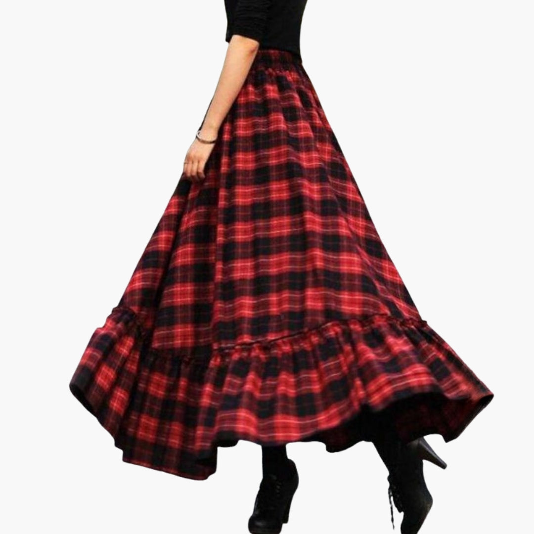 Elegant högmidjad rutig kjol för kvinnor med volanger. A-linje design sommar vardagskjol.