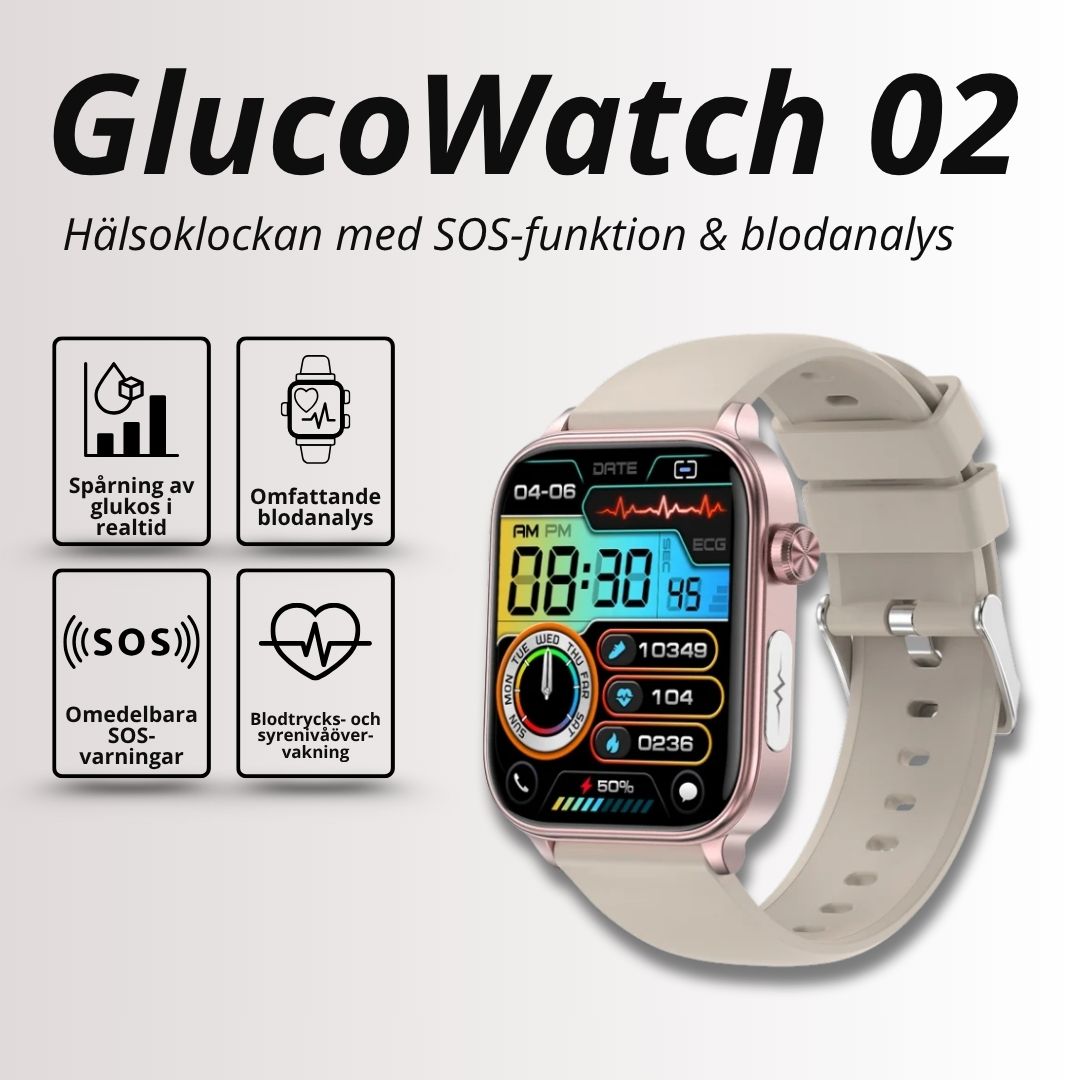 Elegant smartklocka för hälsokontroll. Blodsocker, puls, aktivitet & SOS-funktion.