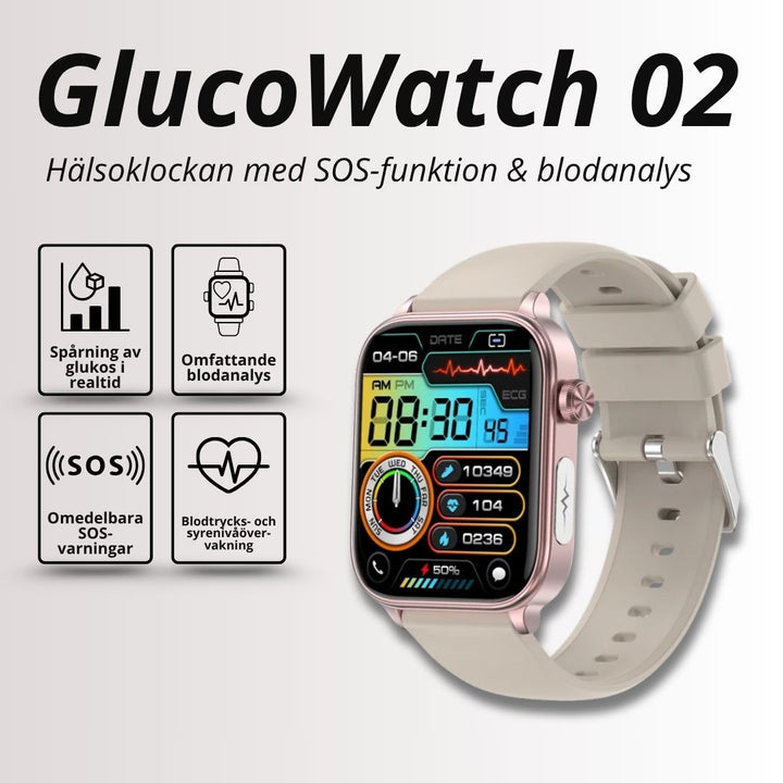 Elegant smartklocka för hälsokontroll. Blodsocker, puls, aktivitet & SOS-funktion.