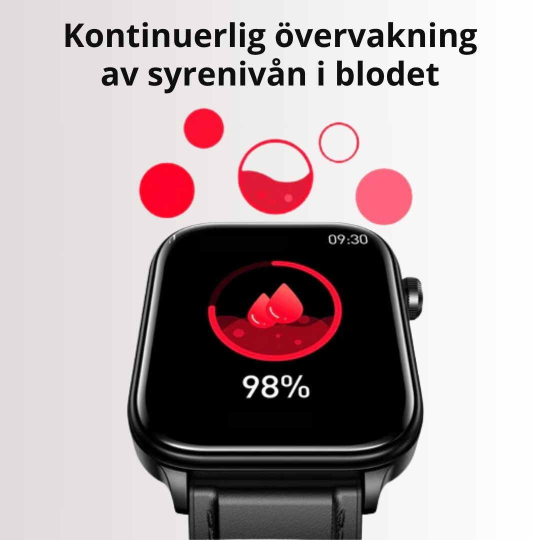 Vattentålig smartklocka med blodsocker- & pulsmätning. GPS, SOS för trygghet.