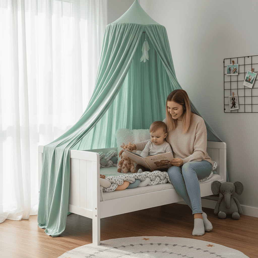 Andningsbar textil sänghimmel för barn, idealisk för lekplats eller en lugn läshörna.