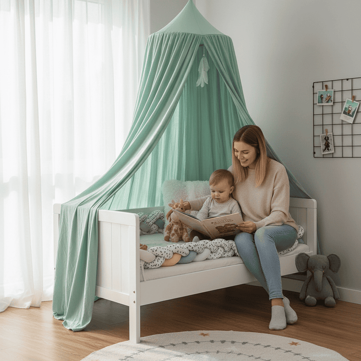 Andningsbar textil sänghimmel för barn, idealisk för lekplats eller en lugn läshörna.