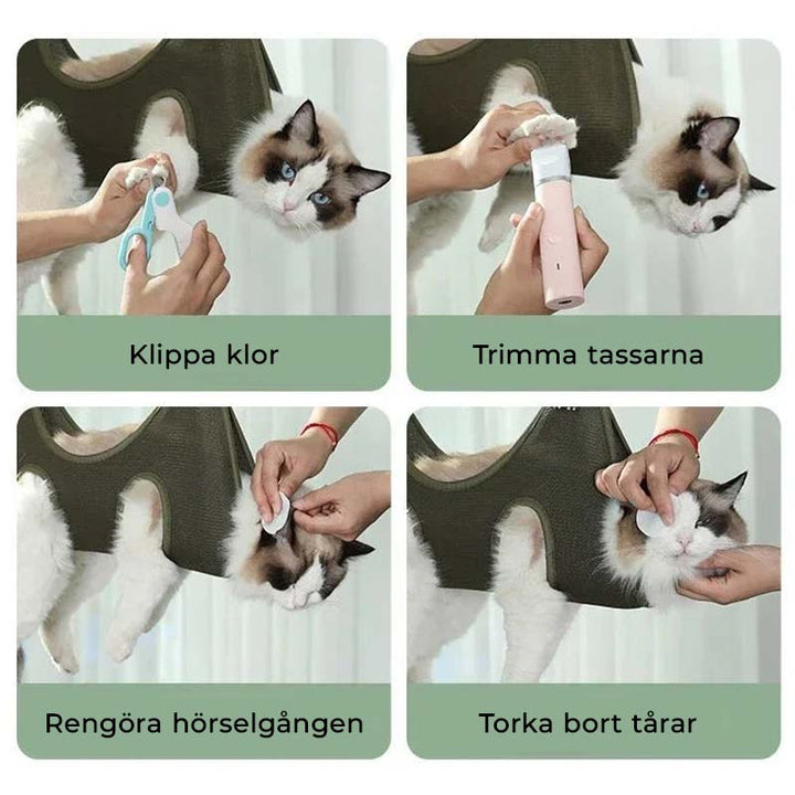Husdjurshängmatta för smidig klovård på hundar & katter. Gör kloklippning enklare & stressfri. Djurtillbehör.