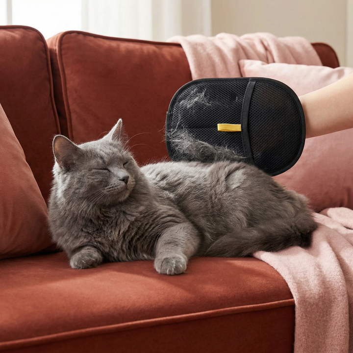 Hårborttagningshandske för husdjur. Effektiv pälsvård för katt och hund. Minskar fällning & håller hemmet rent.