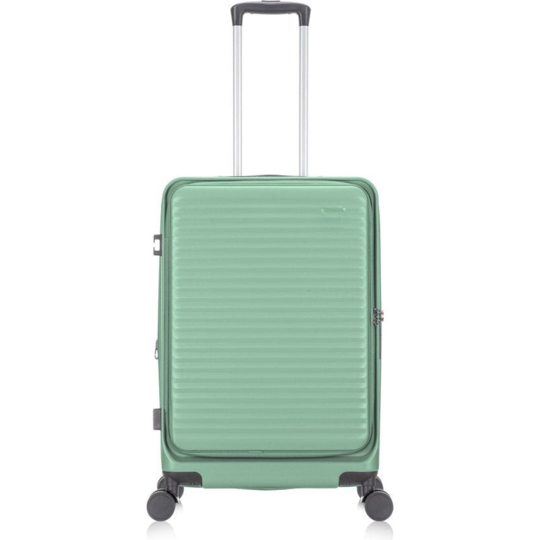 Hård kabinväska med laptopfack i silver. Inbyggt TSA-lås och smidiga 360-hjul för resebagage.