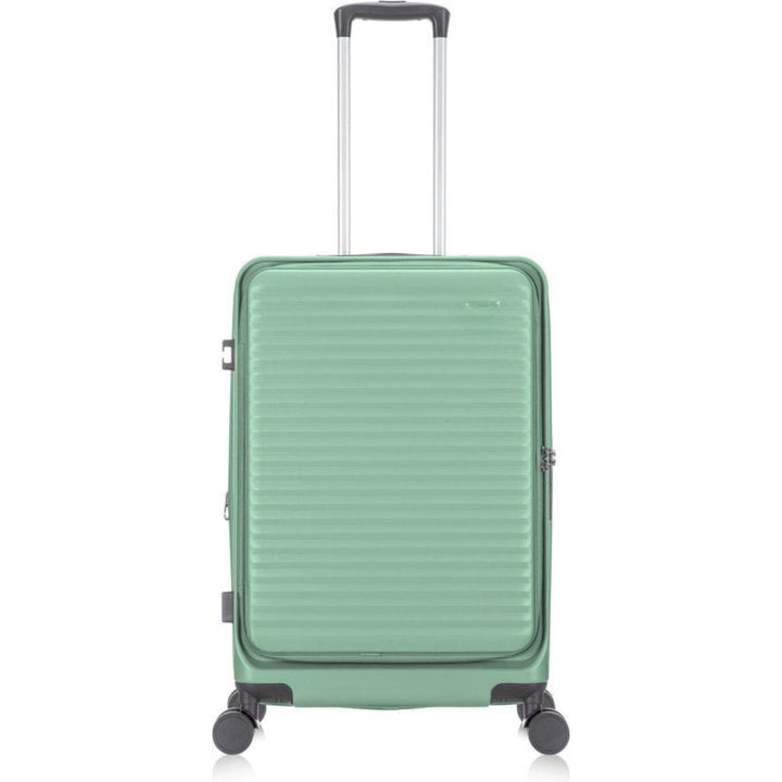 Hård kabinväska med laptopfack i silver. Inbyggt TSA-lås och smidiga 360-hjul för resebagage.