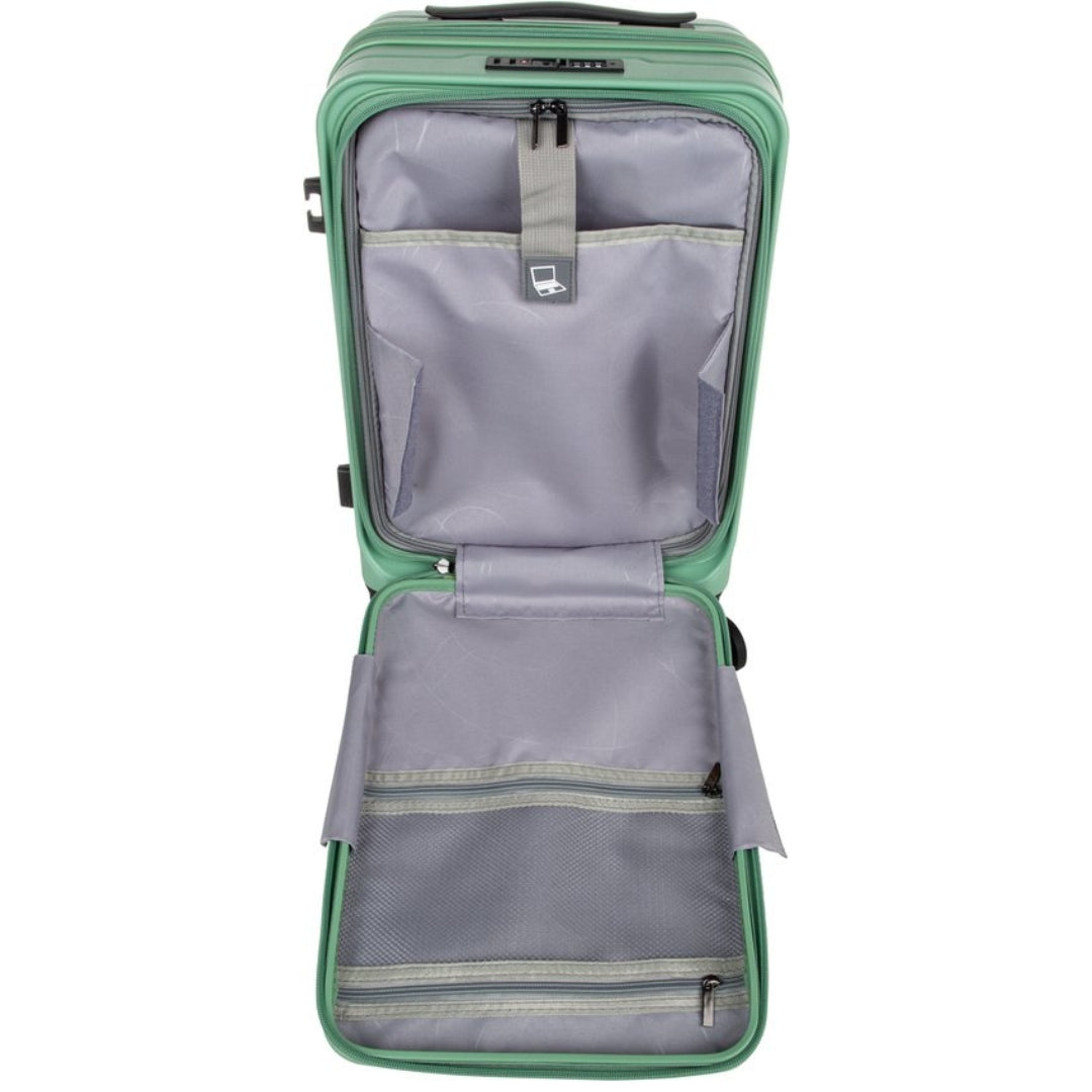 Expanderbar hård resväska i ljusgrön med laptopfack. Mångsidig och lättmanövrerad med 360-hjul.