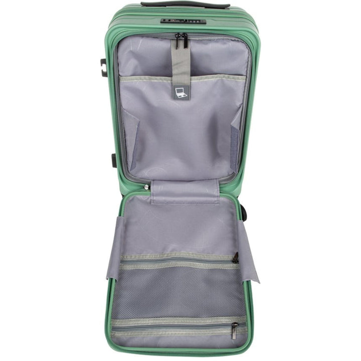 Expanderbar hård resväska i ljusgrön med laptopfack. Mångsidig och lättmanövrerad med 360-hjul.