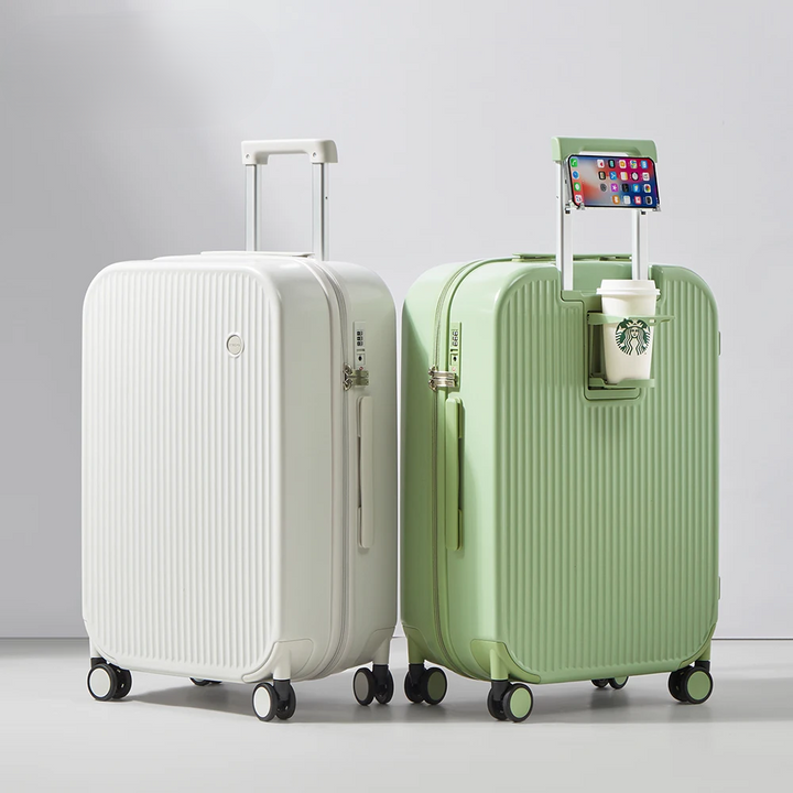 Hård resväska med kopp- och mobilhållare. Perfekt för organiserade resor och smidig hantering av bagage.