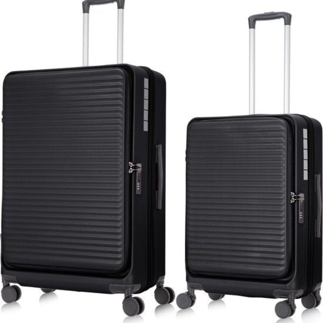 Organiserat bagage med två hårdskalsresväskor, inklusive laptopfack och säkerhetslås.