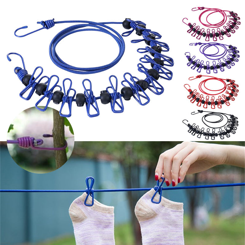"Hållbar stretchbar utomhus klädlina, gummiband, expanderbar 3,6m, robusta klämmor, halkfri design, portabel."