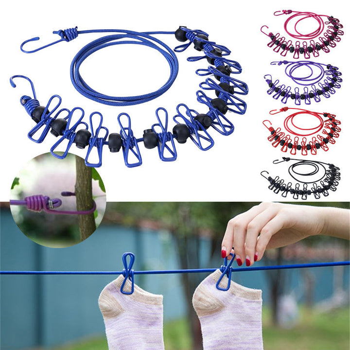 "Hållbar stretchbar utomhus klädlina, gummiband, expanderbar 3,6m, robusta klämmor, halkfri design, portabel."