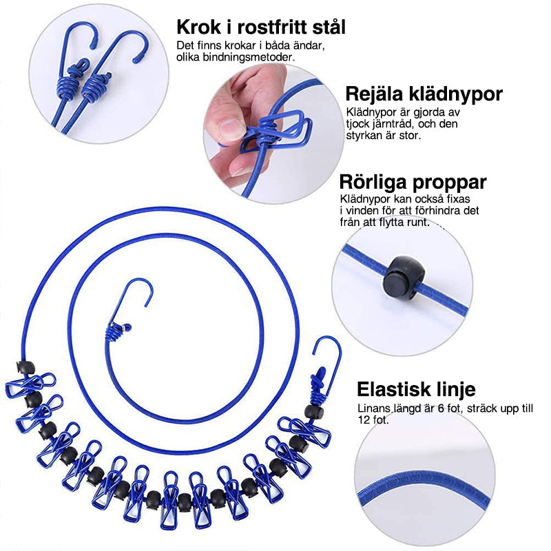 "Hållbar stretchbar utomhus klädlina, gummiband, expanderbar 3,6m, robusta klämmor, halkfri design, portabel."