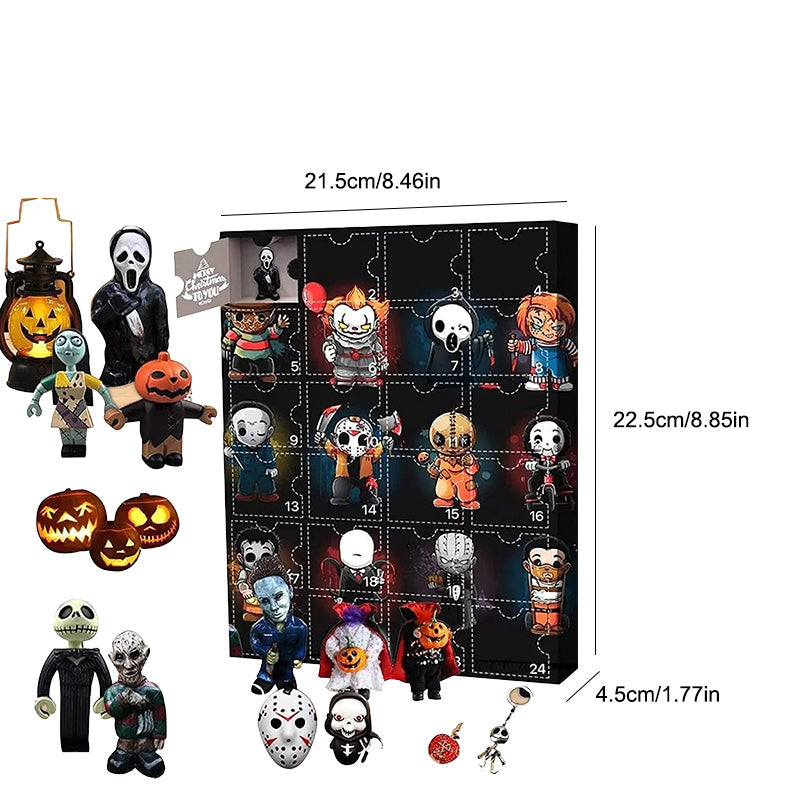 "Halloween Deadventskalender med mystisk design, 24 överraskningar som dockor och figurer för spännande nedräkning."