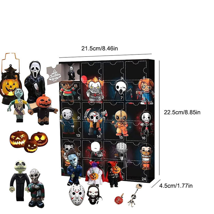 "Halloween Deadventskalender med mystisk design, 24 överraskningar som dockor och figurer för spännande nedräkning."