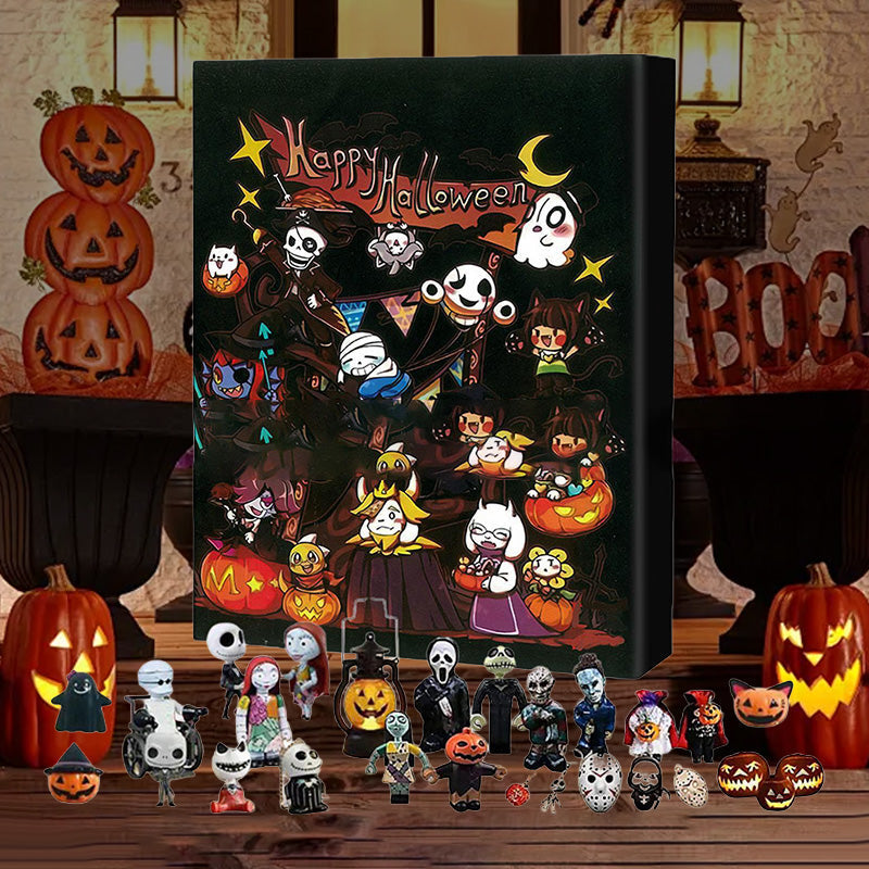"Halloween Deadventskalender med mystisk design, 24 överraskningar som dockor och figurer för spännande nedräkning."