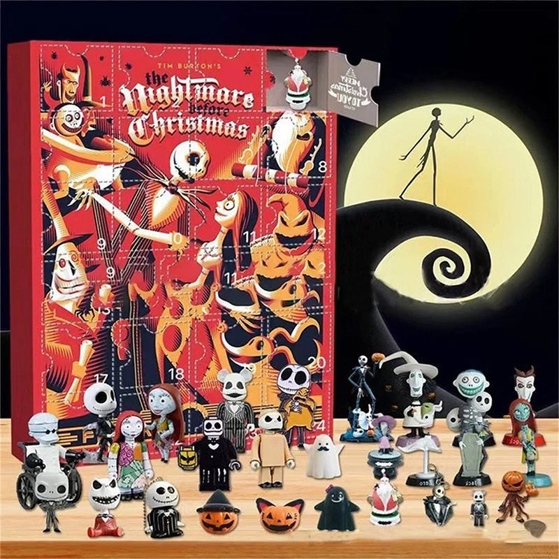 "Halloween Deadventskalender med mystisk design, 24 överraskningar som dockor och figurer för spännande nedräkning."