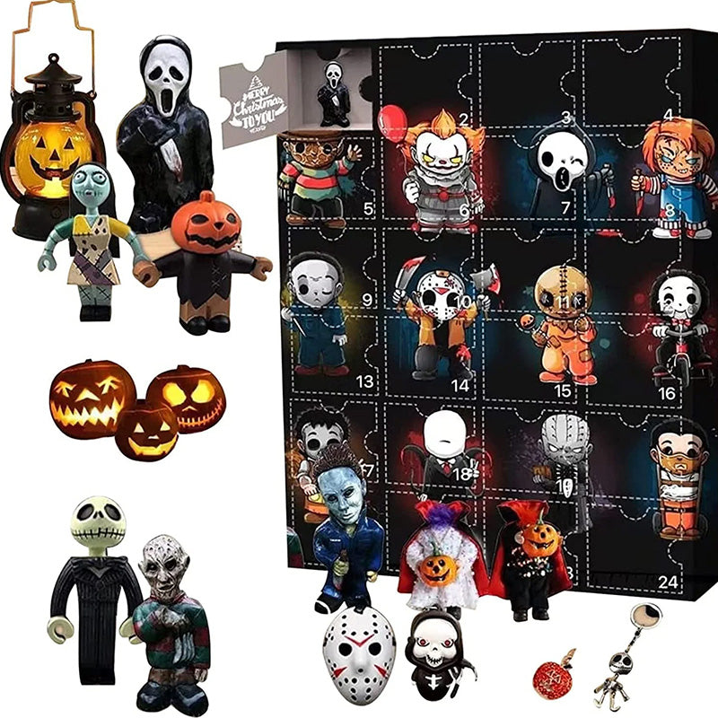 "Halloween Deadventskalender med mystisk design, 24 överraskningar som dockor och figurer för spännande nedräkning."