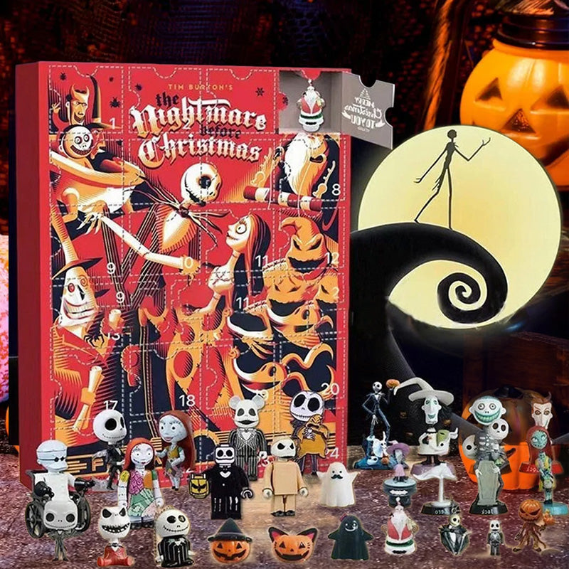 "Halloween Deadventskalender med mystisk design, 24 överraskningar som dockor och figurer för spännande nedräkning."