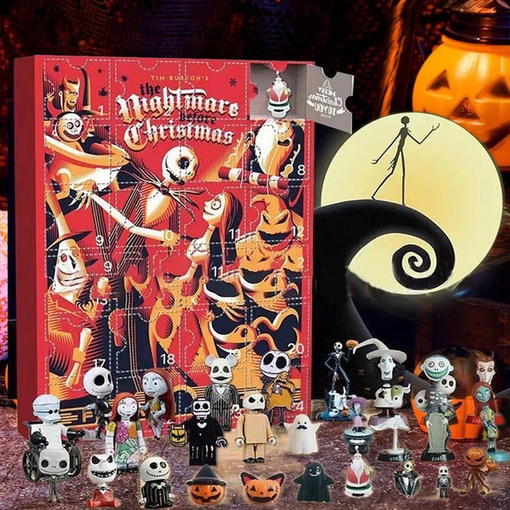 "Halloween Deadventskalender med mystisk design, 24 överraskningar som dockor och figurer för spännande nedräkning."