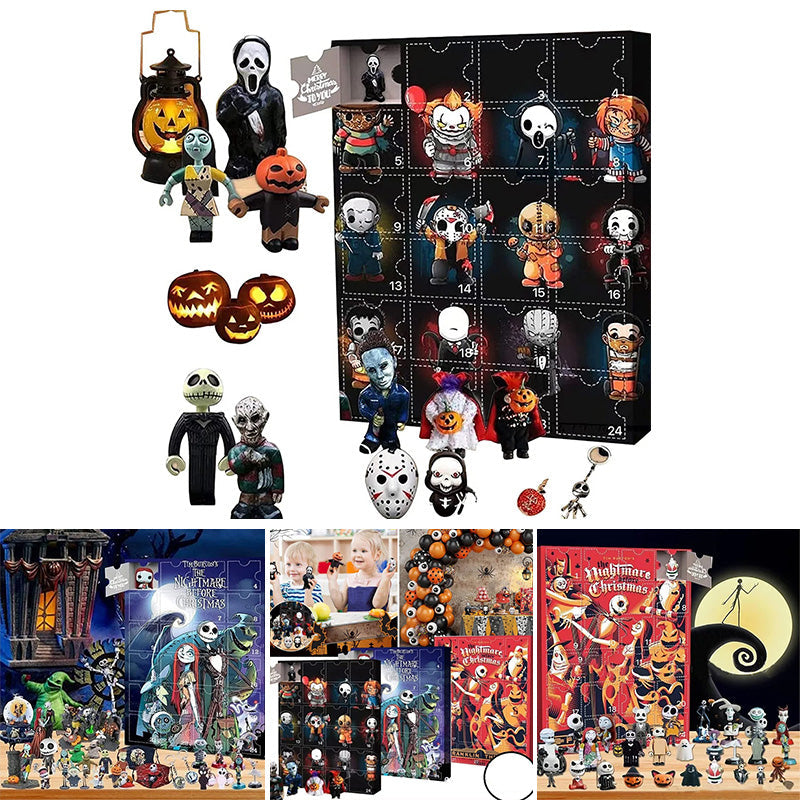 "Halloween Deadventskalender med mystisk design, 24 överraskningar som dockor och figurer för spännande nedräkning."