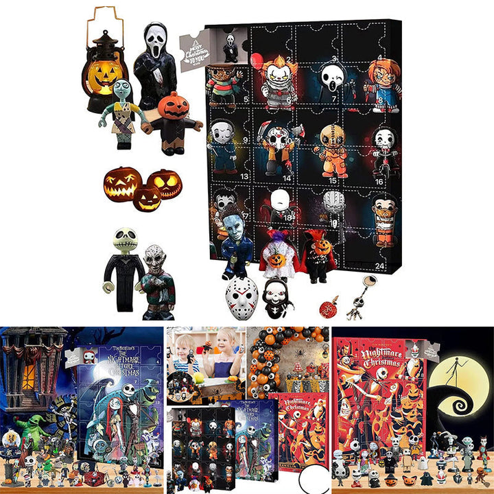 "Halloween Deadventskalender med mystisk design, 24 överraskningar som dockor och figurer för spännande nedräkning."