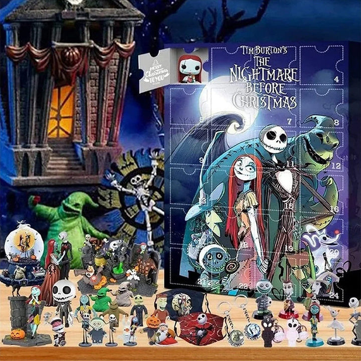 "Halloween Deadventskalender med mystisk design, 24 överraskningar som dockor och figurer för spännande nedräkning."