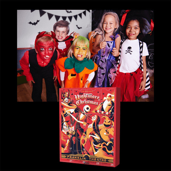 "Halloween Deadventskalender med mystisk design, 24 överraskningar som dockor och figurer för spännande nedräkning."