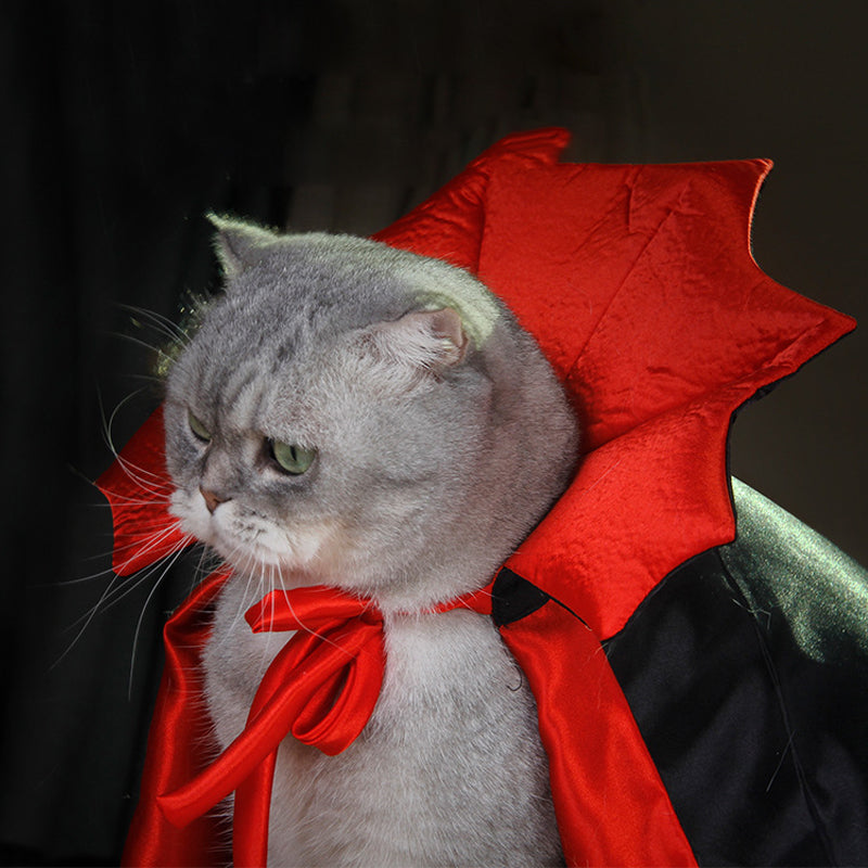 "Halloween Dracula husdjurskostym för katt och liten hund, svart och röd mantel, justerbar krage, dramatiskt stiligt."