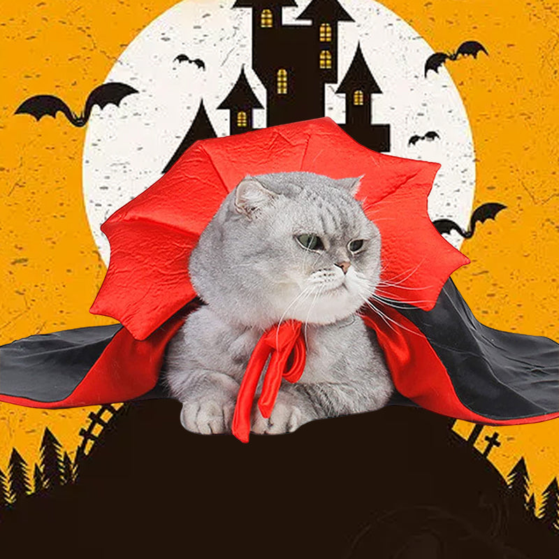 "Halloween Dracula husdjurskostym för katt och liten hund, svart och röd mantel, justerbar krage, dramatiskt stiligt."