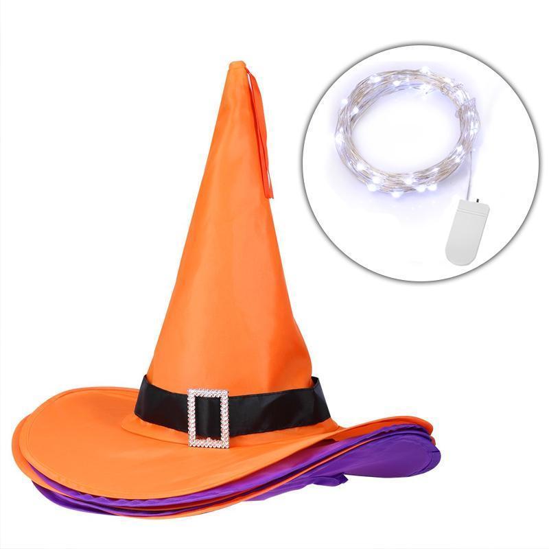 "Halloween häxhatt dekoration med LED-stränglampor i färgglada nyanser för magisk festivalstämning."