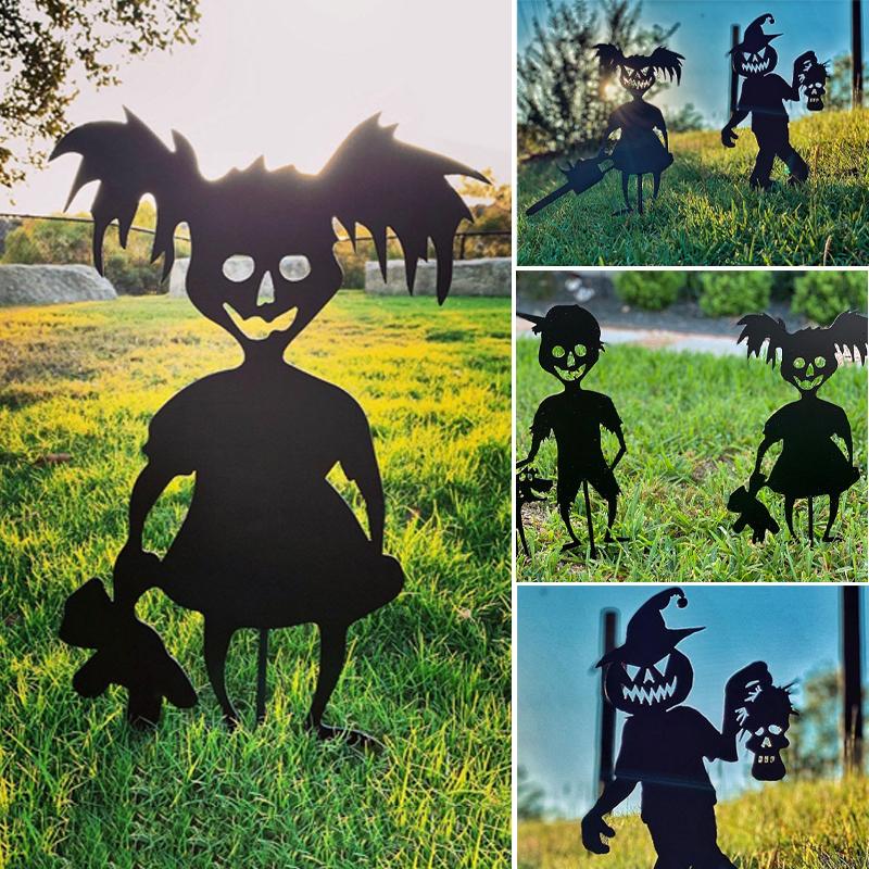 "Halloween-metalldekorationer: Zombie och spöke i trädgård, svart färg, skrämmande design, 16-spårvidd stål"