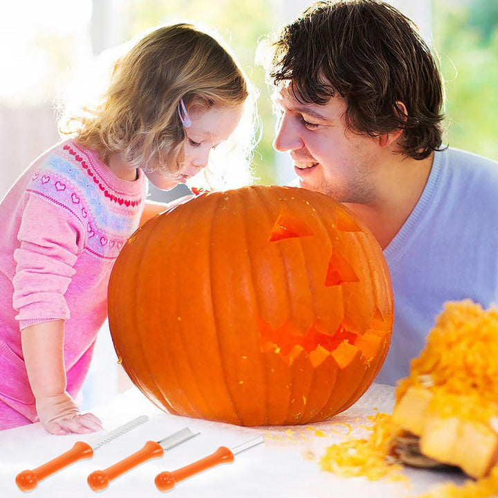 "Halloween pumpa carving kit, rostfritt stål verktyg med handtag, innehåller pumpasked, sågar och etsningsverktyg."