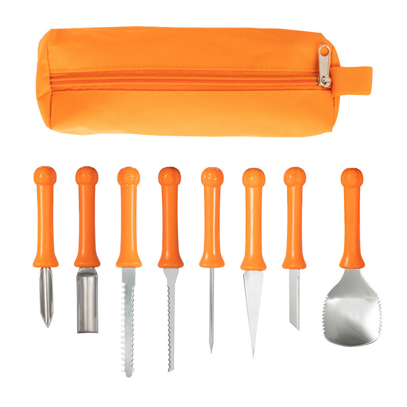 "Halloween pumpa carving kit, rostfritt stål verktyg med handtag, innehåller pumpasked, sågar och etsningsverktyg."